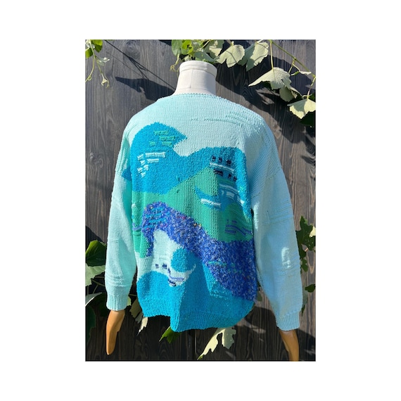 Abstract Patterned Hand Knitted Vibrant Blue Vint… - image 5