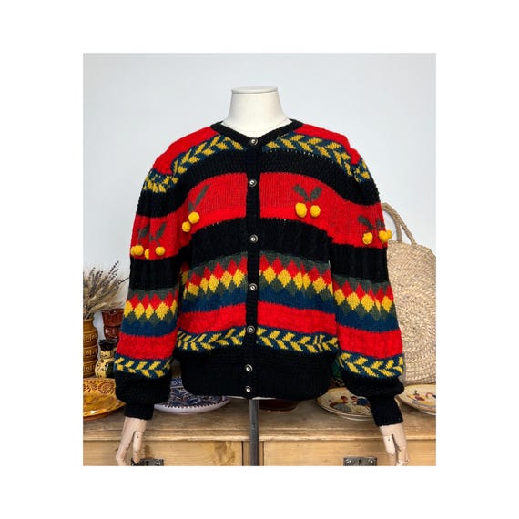 Yellow Cherry Patterned Striped Puff Sleeved Vint… - image 1