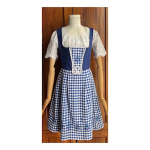 Blue Plaid Dirndl Dress: Austrian Trachten Folk Dress Set, Floral Embroidery