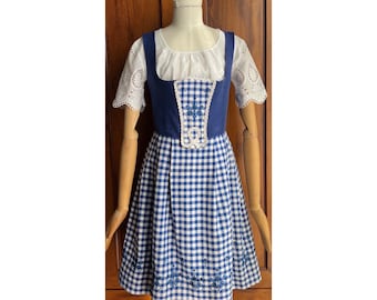 Blue Plaid Dirndl Dress, Austrian Trachten Folk Dress Set, Floral Embroidery