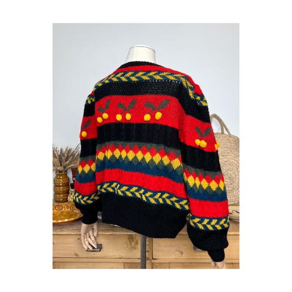 Yellow Cherry Patterned Striped Puff Sleeved Vint… - image 6