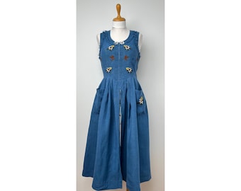 Embroidered Edelweiss and Boots Patterned Sleeveless Vintage Traditional Austrian Folk Dress Petite