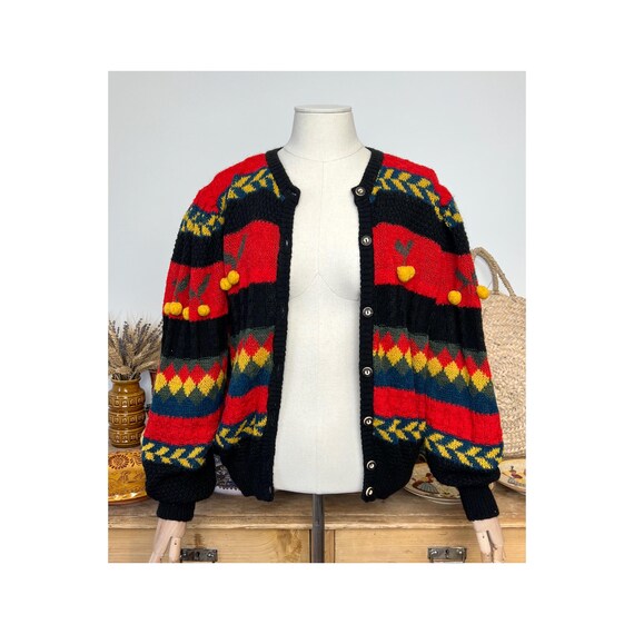 Yellow Cherry Patterned Striped Puff Sleeved Vint… - image 3