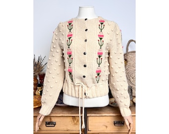 Cárdigan tradicional austriaco estilo Dirndl, tejido a mano, con estampado floral y pompones