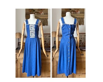 Blue Linen Sleeveless Floral Patterned Austrian Folk Dress