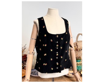 Vintage Velvet Floral Patterned Traditional Austrian Folklore Vest/ Romantic Alpen Style Waistcoat