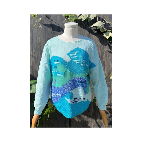 Abstract Patterned Hand Knitted Vibrant Blue Vint… - image 1