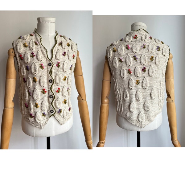 Hand Knitted Floral Patterned Beige Vintage Austrian Folk Vest