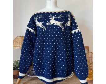 Pull vintage scandinave tricoté main à motif cerf