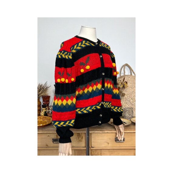 Yellow Cherry Patterned Striped Puff Sleeved Vint… - image 2