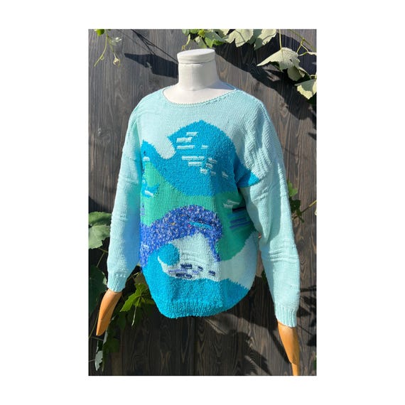 Abstract Patterned Hand Knitted Vibrant Blue Vint… - image 3