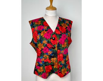 Vintage 1990s Yves Saint Laurent Colorful Floral Patterned Vest / YSL Waistcoat