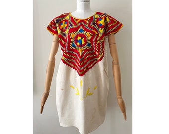 Vintage Huipil bordado top mini vestido