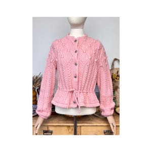 Pom Pom Knitted Handmade Pastel Pink Colored Vintage Austrian Folklore Dirndl Cardigan Small