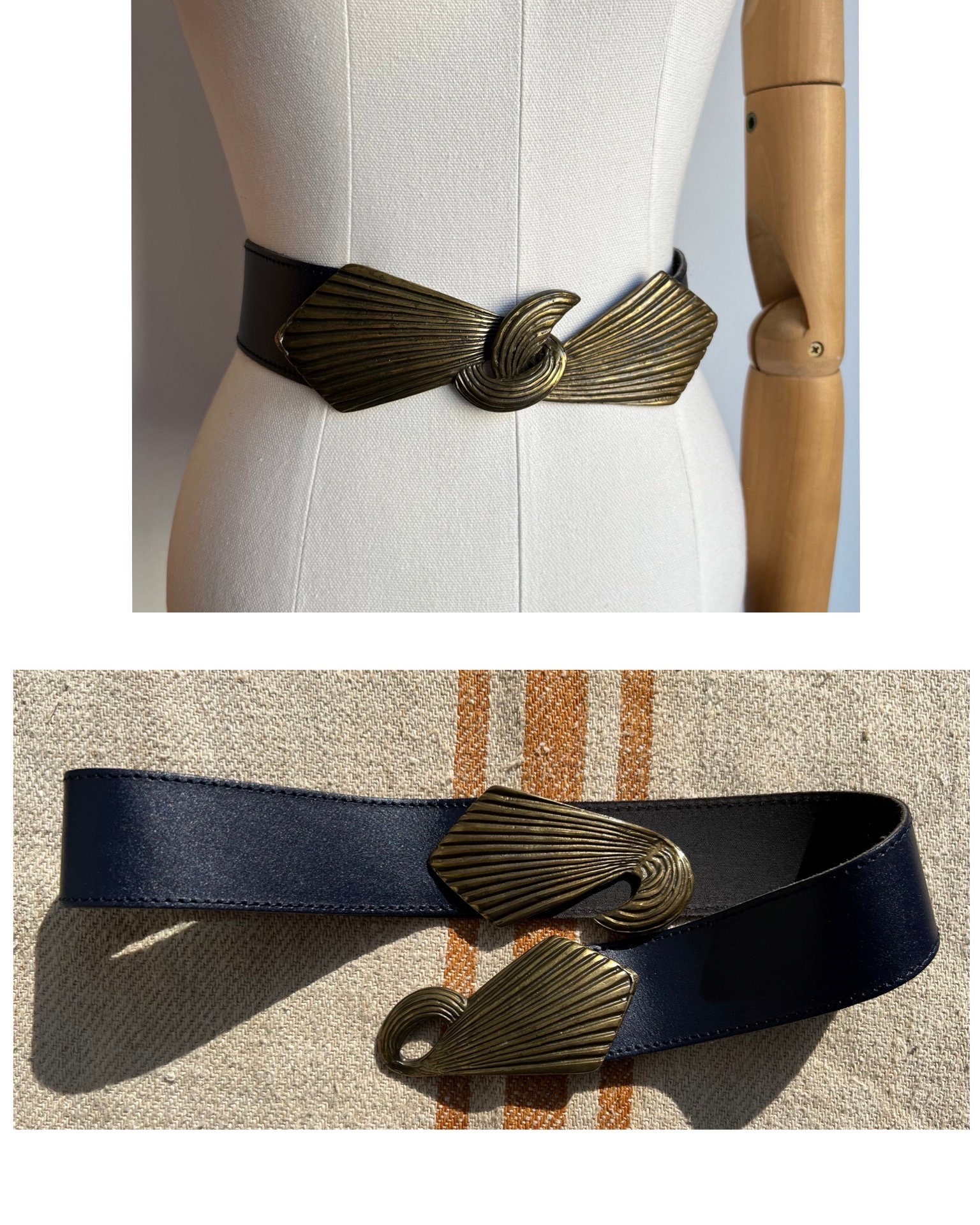 Vintage Blue leather button shaped funky belt with gold hardware Kayiman Navy Luxury Ratchet Belt ‚Äì Rowland Thomas Collection main image 2