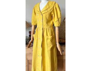 Yellow Linen Embroidered Vintage Austrian Folk Dress / Romantic Farmcore Dress