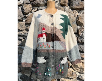 Oversized Novelty Vintage Village Scenery Patterned Handknitted Traditional Austrian Folk Cardigan