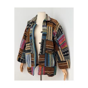 Giacca vintage anni '90 in tessuto patchwork, stile boho arazzo, cappotto hippie