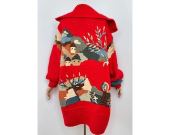 Maglione vintage Sirogijno, maglione oversize con motivo paesaggistico tradizionale jugoslavo.