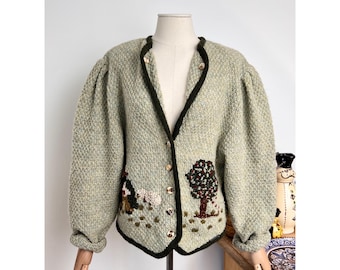 Cardigan vintage austriaco, lavorato a maglia, con maniche a sbuffo, modello Giesswein.