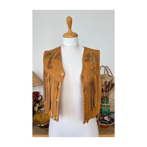 Umbrella Patterned Fringed Leather Vintage Cowboy Vest