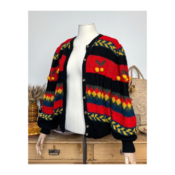 Yellow Cherry Patterned Striped Puff Sleeved Vint… - image 4