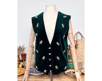 Metallic Bear Appliqué Vintage Green Velvet Austrian Folk Vest/ Novelty Waiscoat