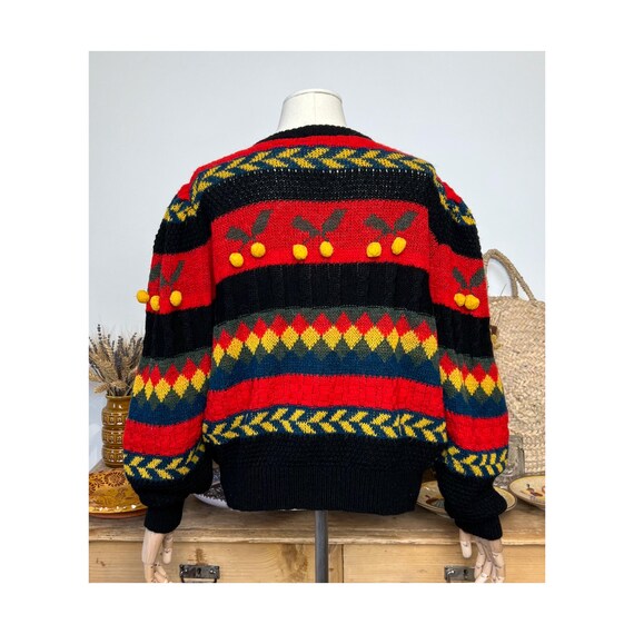 Yellow Cherry Patterned Striped Puff Sleeved Vint… - image 7