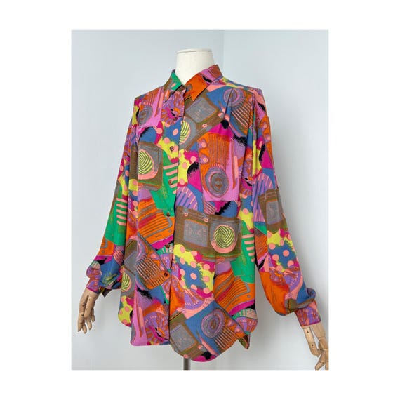 Multicolored Abstract Patterned Balloon Sleeved V… - image 3