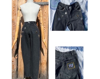 Vintage 80s tachonado tiro alto Colette Nivelle jeans negros Petite