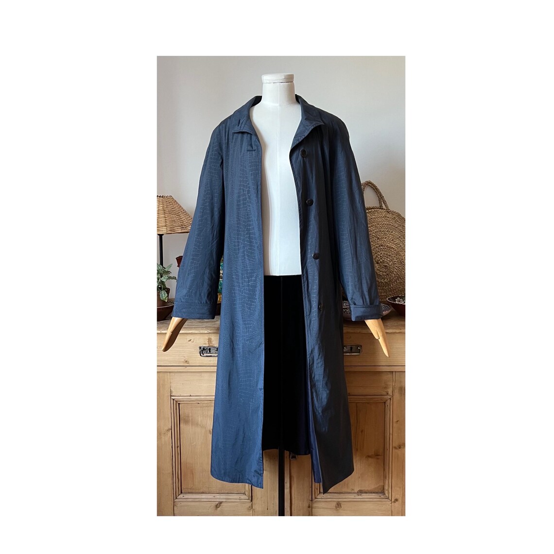 Vintage Giraffe Print Trench Coat/ Dark Blue Minimalist Style Size Small, foto 1 di 5