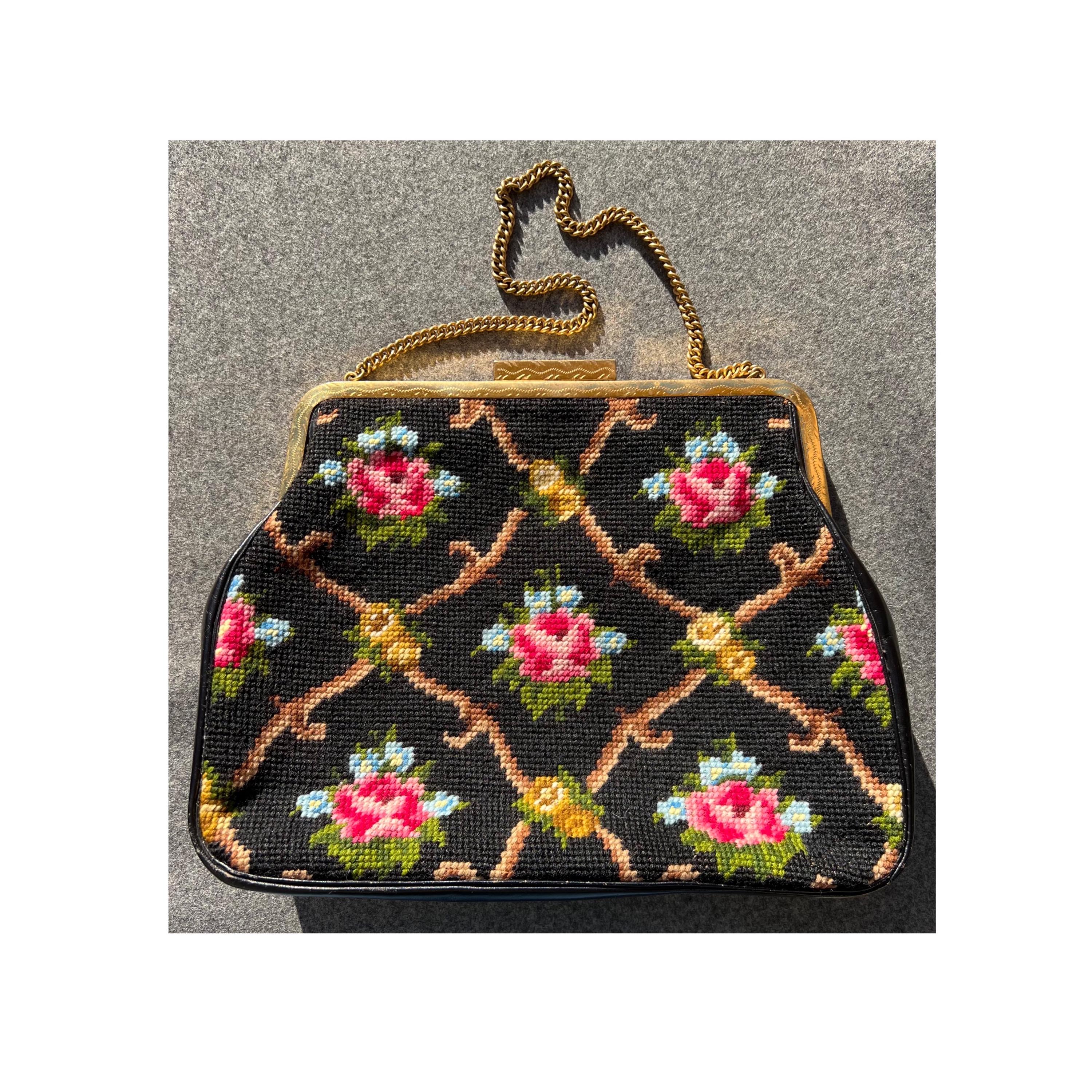 Sac de soirée/sac à main à fleurs en tapisserie noire vintage - France