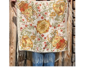 Prachtige vintage zijden sjaal met dieren- en bloemenmotief en franjes