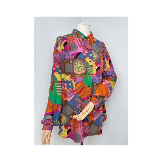 Multicolored Abstract Patterned Balloon Sleeved V… - image 4