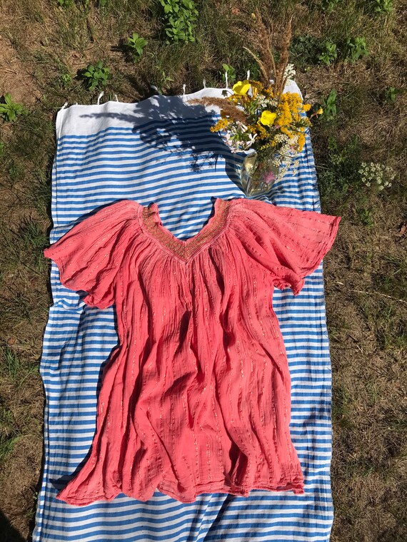 Vintage 80s Bambaki Cotton Greek Dress / Boho Gauz