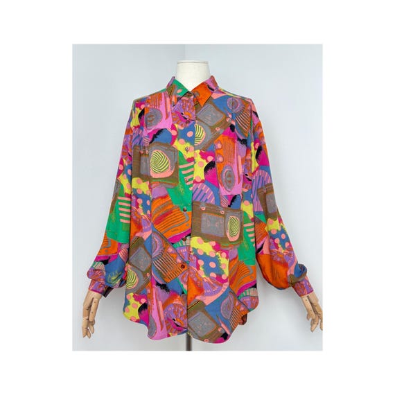 Multicolored Abstract Patterned Balloon Sleeved V… - image 1