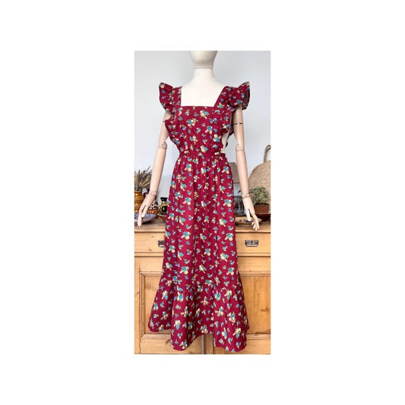 Floral Cotton Pinafore Dress: Ruffled Burgundy Vintage Apron Style