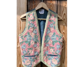 Pink Floral Patterned Woven Wool Vintage Indian Vest