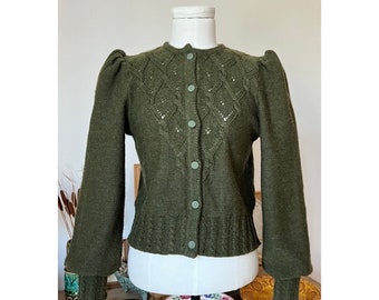 Hunter Green Puff Sleeved Knitted Vintage Traditional Austrian Folk Cardigan