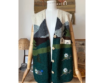 Novelty Hand Knitted Alpen Scenery Patterned Oversized Vintage Austrian Folk Vest