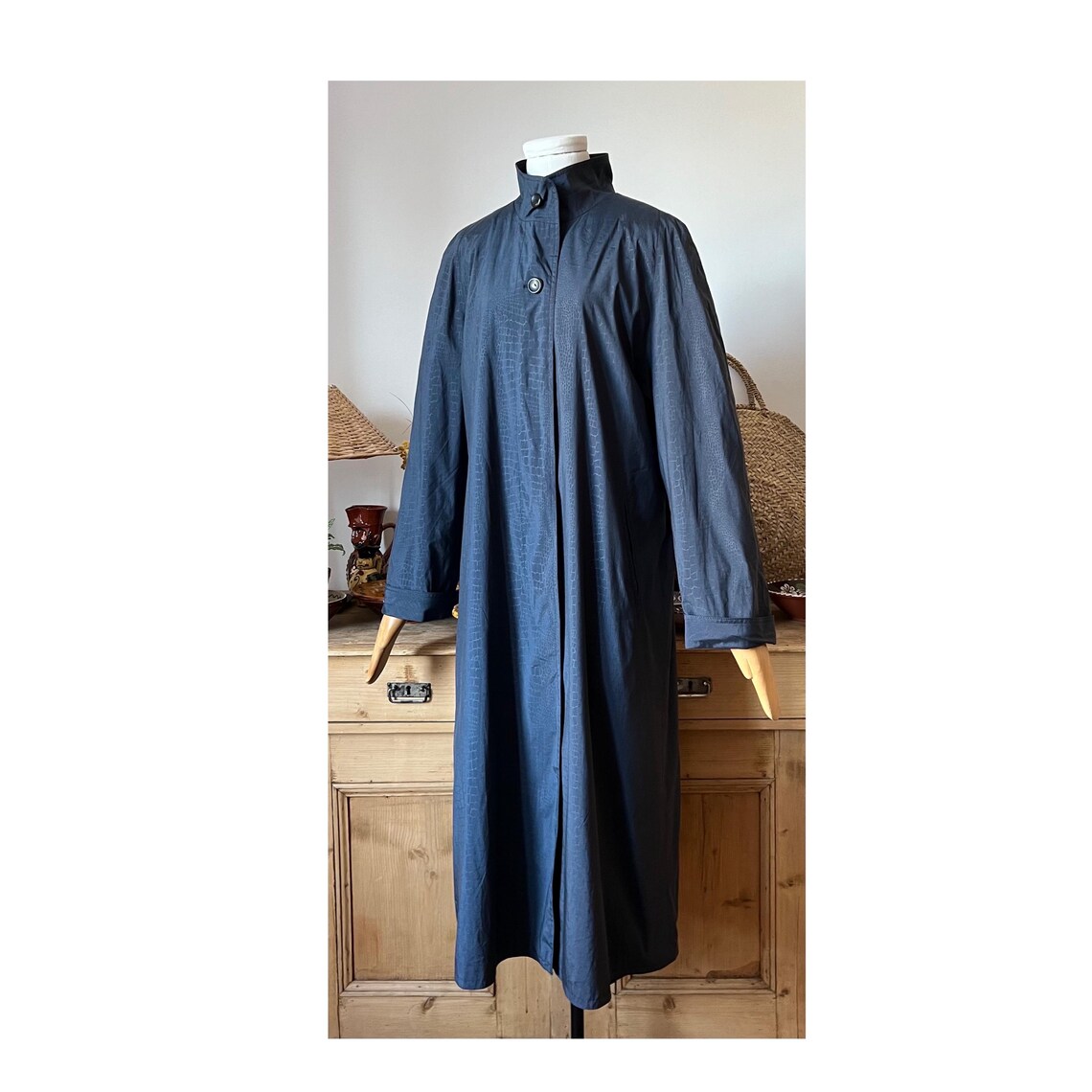Vintage Giraffe Print Trench Coat/ Dark Blue Minimalist Style Size Small, foto 3 di 5