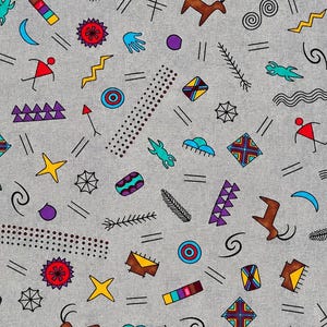 May include: A gray cotton fabric featuring a repeating pattern of colorful icons including brown antelopes, red stick figures, blue hands, yellow stars, and geometric shapes. The selvage edge includes text: mosaic southwest by michelle watts for moda.