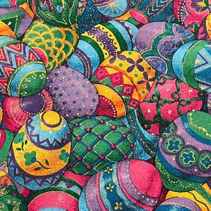 May include: A vibrant, colorful pattern of decorated Easter eggs. The eggs are in various colors, including pink, blue, green, yellow, and purple, with intricate designs and patterns. The image is a close-up, showcasing the details of each egg.