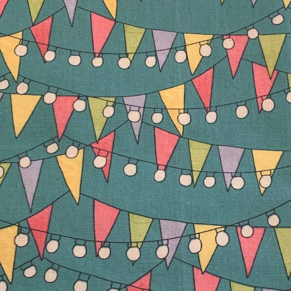 PARTY BANNERS. Quality Cotton Quilt Fabric, 27” x 19”. Prewashed. Strings of lights, banners on teal. Pink, yellow, green, +