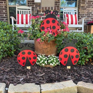 3-Piece Laser Cut Wooden Ladybug Garden Set Yard Art for Flowerbeds, Pots & Patios