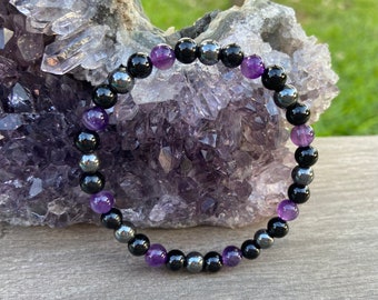 Amethyst ,Black Tourmaline, & Hematite Bracelet | Protection | Dispels Negative Energy | Grounding | Release Stress | Chakra Healing