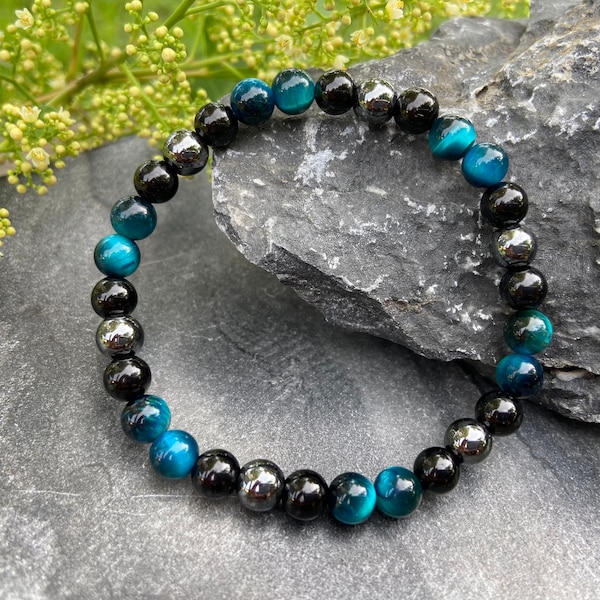 Genuine Black Tourmaline, Blue Tiger Eye & Hematite Bracelet | Triple Protection | Purify | Calming | Deflect Negativity | Grounding