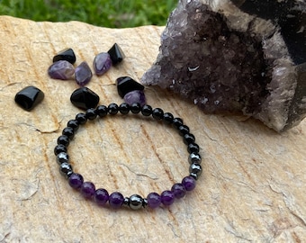 Black Tourmaline, Amethyst & Hematite Bracelet | Protection | Dispels Negative Energy | Grounding | Release Stress | Chakra Healing