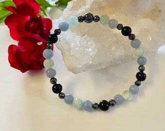 Blue and Green Angelite, Black Tourmaline & Hematite Bracelet | Calming | Release Stress| Attracts Angels | Deflects Negativity