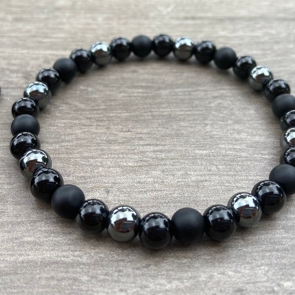 Triple Protection from Negative Energy, Grounding, Calming, and Evil Eye Protection. Black Tourmaline, Matte Onyx & Hematite Bracelet|